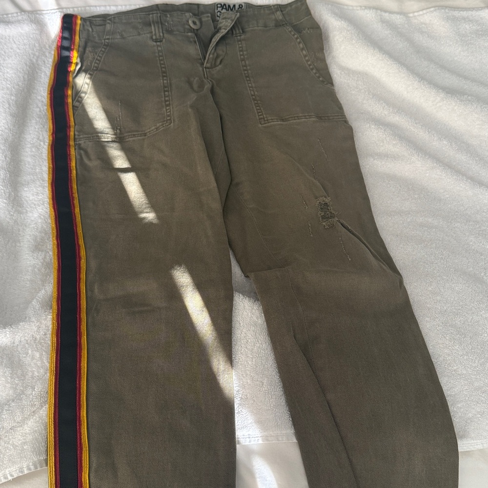 Pam and Gela Olive Pants with Striped Side Detail